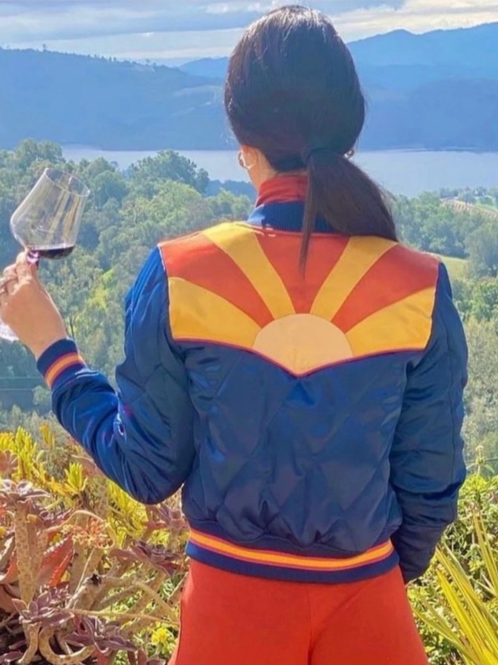 Classic Rock & Couture Women's Navy Bomber Jacket with Sunrise Panel